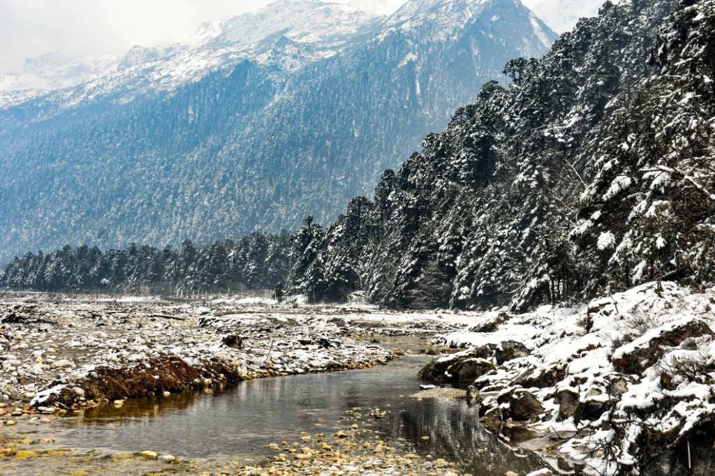Snow-covered river valley in Sikkim